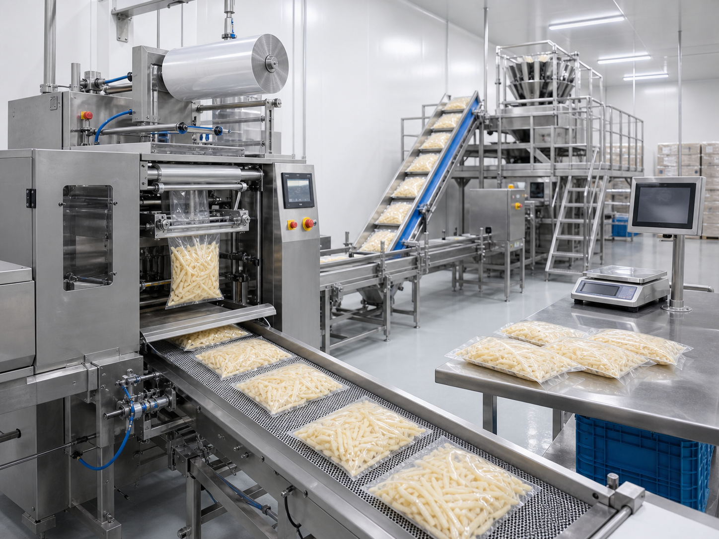 Clean frozen fries packaging line