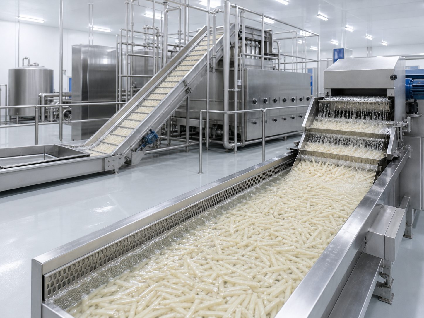 Clean automated frozen fries processing line