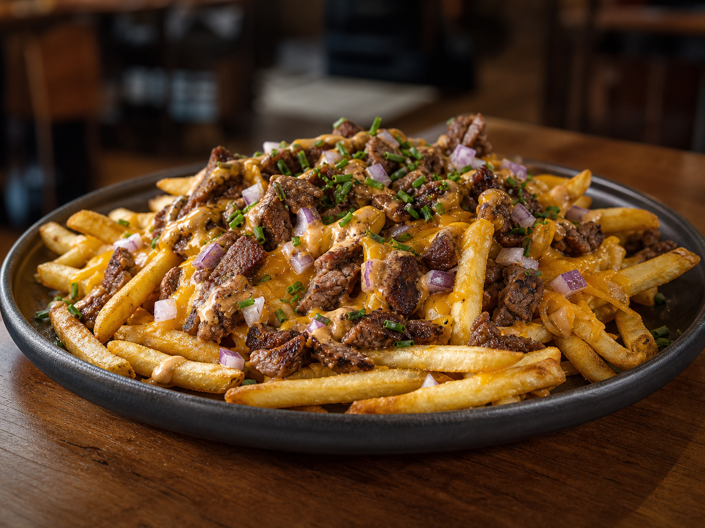 Loaded coated fries with cheese, grilled beef, and chives