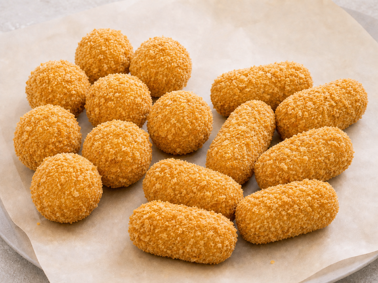 Breadcrumb-coated round potato balls and short cylindrical potato croquettes